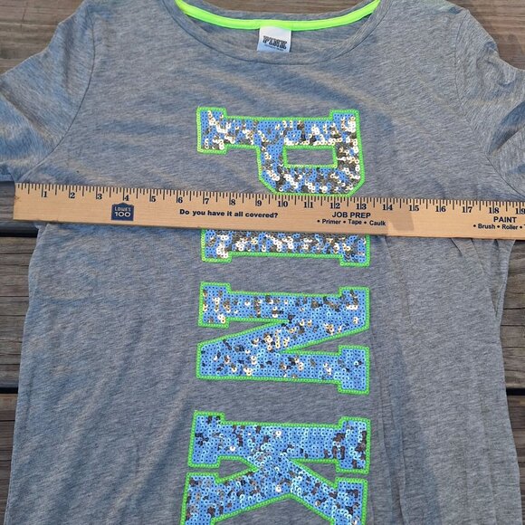 Victorias Secret PINK Heather Gray Sequin Logo Womens Tee M Cotton Blend *READ* - Picture 10 of 10